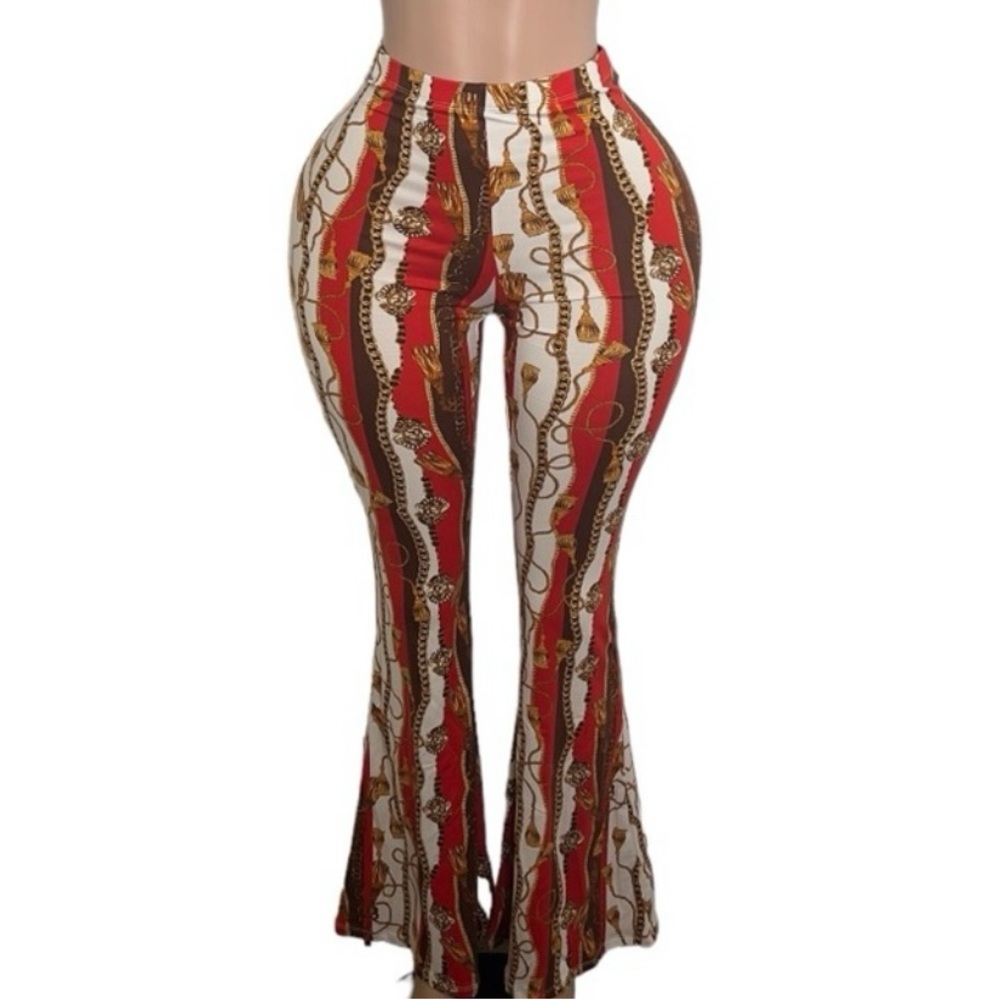 Chain-Print Flare Pants - Red/White/Brown